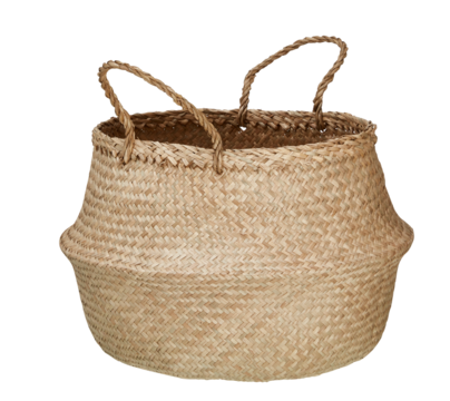Natural fiber woven basket made from jute tree with low round handles cut out isolated transparent background