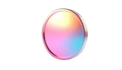 A metallic, circular disc with a pastel rainbow gradient reflecting light,  a textured rim, and a subtle three-dimensional effect against a black background