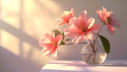 Softly lit floral still life featuring pink blossoms in a clear glass vase, casting gentle shadows on a white background. The image evokes serenity