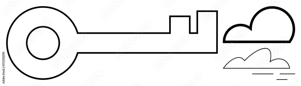 Poster black outlined key and cloud shapes linked together. ideal for security, technology, cloud storage, 