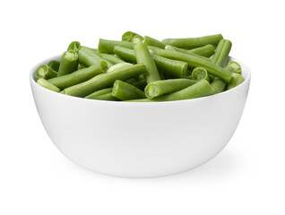 Pieces of fresh green beans in bowl isolated on white