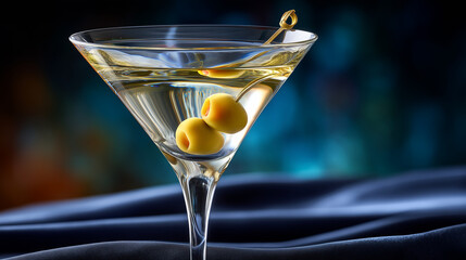 This image features a classic martini elegantly presented in a sleek, clear glass. The drink has a smooth golden hue, reflecting soft light and adding a touch of sophistication. Two green olives are s