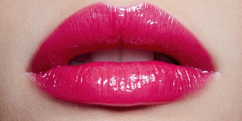 Obraz premium Sensual Pink Kiss: Close-up of glossy, pink lips, inviting and seductive, perfect for beauty and cosmetic concepts.