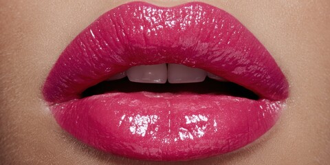 Fototapeta premium Luminous Pink Lips: A close-up shot of perfectly shaped, glossy pink lips, exuding a sense of allure and beauty.