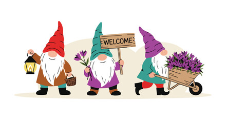 Adorable garden gnomes bringing spring cheer with flowers and warm welcomes perfect for whimsical seasonal designs and delightful home decor accents