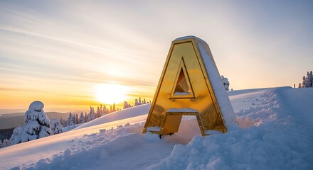 Golden Letter 'A' Amidst a Snowscape at Sunset, with an ethereal glow