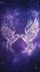 Fototapeta premium Digital Artwork of Two White Doves Kissing in a Starry Purple Galaxy.