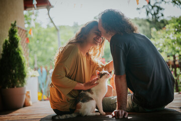 Young adult curly couple sitting on cottage terrace hugging cuddling while playing with their cat