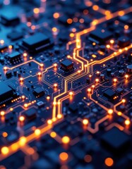 Obraz premium Close-up view of intricate circuit board pathways illuminated by glowing orange components, highlighting the complex network of connections and the advanced technology within.