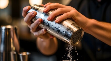 Bartender skillfully shaking a cocktail shaker in a lively bar, with blurred patrons in the background