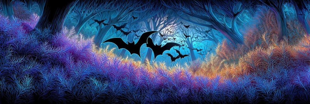 Vibrant Halloween landscape featuring colorful foliage and flying bats under a spooky moonlight atmosphere