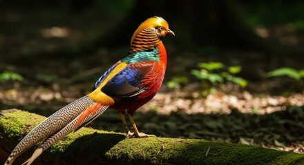 Fototapeta premium Vibrant Golden Pheasant Perched on Mossy Branch in Natural Habitat.