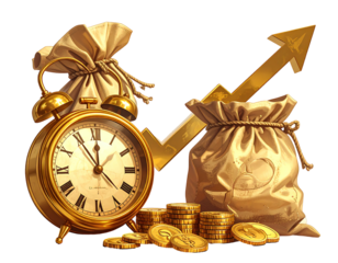 A brass alarm clock beside money bags and gold coins, all positioned beneath a rising gold arrow, suggesting wealth accumulation over time