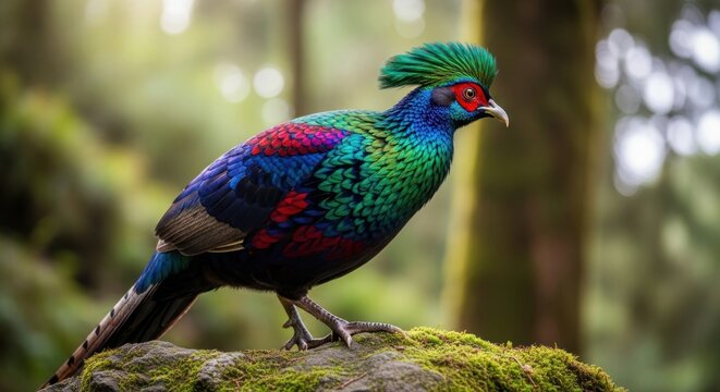 Vibrant Himalayan Monal Pheasant Perched on Mossy Rock in Forest.