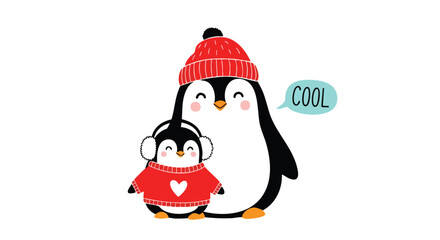 Adorable parent and child penguins in winter hats and sweaters creating a heartwarming, cool, and festive holiday scene