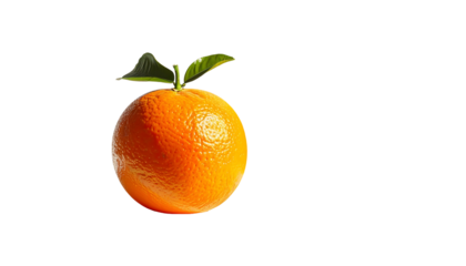 A single, ripe orange with a few leaves atop, set against a stark black background, showing fine textural details of the fruit's peel