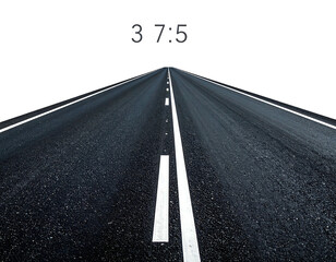 Dark asphalt highway vanishing point perspective, illuminated by distant lights, numbers "3 7 5" overhead