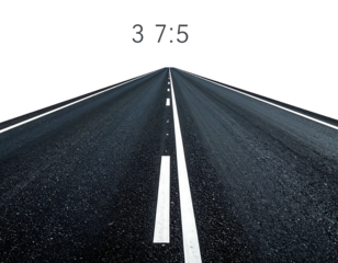 Dark asphalt highway vanishing point perspective, illuminated by distant lights, numbers "3 7 5" overhead