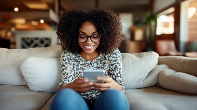 Millennial woman checks her budget through an app while relaxing on the sofa at home, smiling.