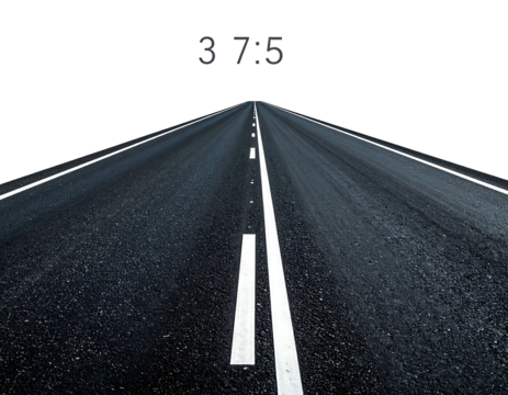 Dark asphalt highway vanishing point perspective, illuminated by distant lights, numbers "3 7 5" overhead