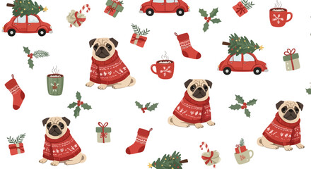 Delightful holiday pattern featuring pugs in cozy sweaters, classic cars with Christmas trees, gifts and hot cocoa for festive projects