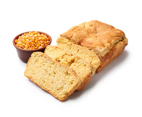 Freshly baked cut cornbread and seeds isolated on white