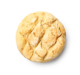 Freshly baked cornbread loaf isolated on white, top view