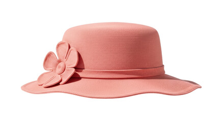 Isolated stylish salmon-pink hat with flower detail, sun protection and sunshade for women