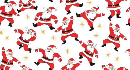 Joyful Santa Claus characters dancing and celebrating with festive gold starbursts on a clean white background