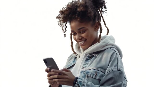 Portrait of a woman with dreadlocks staring at her cell phone, possibly waiting for an important message or staying connected