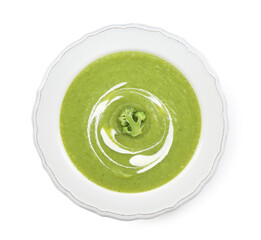 Tasty broccoli cream soup isolated on white, top view