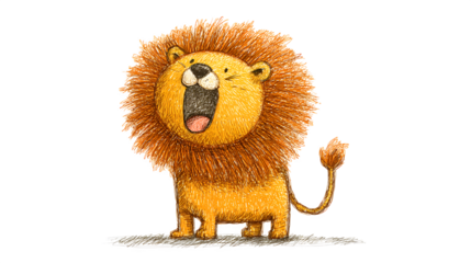 A doodle lion with a simple, fluffy mane and a joyful roar, isolated on a Transparent Background