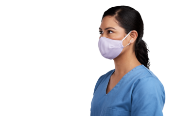 Face mask, healthcare and a woman nurse thinking isolated on a transparent, png background. Face of professional female person, surgeon or doctor with ppe safety for virus, covid or medical space