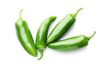 Many green jalapeno peppers isolated on white, top view