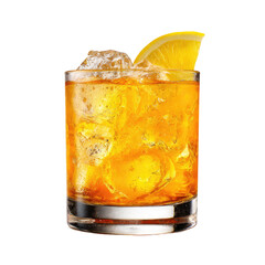 A golden-amber cocktail in a rocks glass, filled with ice and garnished with a lemon slice