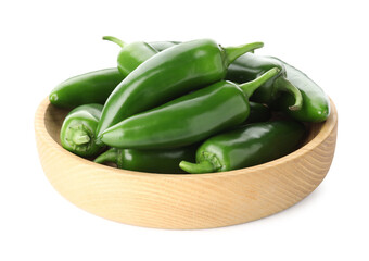 Green jalapeno peppers in bowl isolated on white