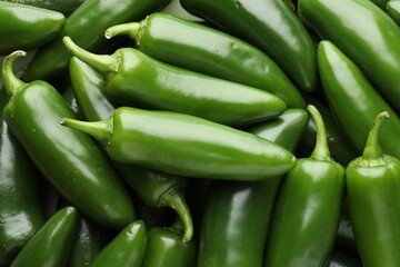 Many green jalapeno peppers as background, closeup