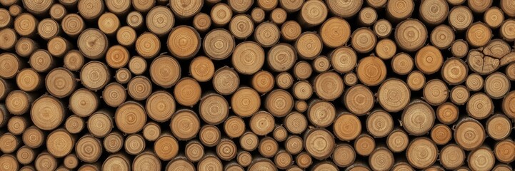 Close-up view of stacked wood logs, showcasing intricate growth rings and warm brown tones.