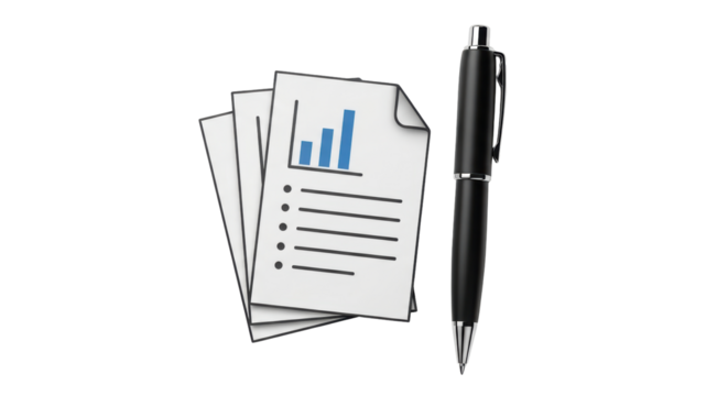 Isolated document stack with graph and pen, information review and assessment for business