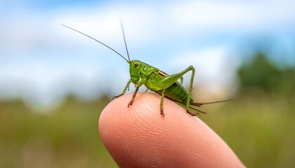 Close-up of a green grasshopper on a finger