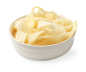 Dried shredded squid in bowl isolated on white