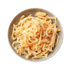 Dried squid shavings in bowl isolated on white, top view