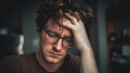 Stressed man contemplating life challenges indoor setting portrait photography dimly lit environment close-up viewpoint emotional turmoil concept