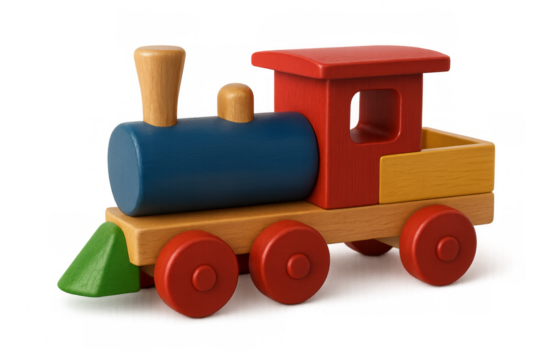 Colorful wooden toy train isolated on transparent background