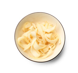 Dried shredded squid in bowl isolated on white, top view