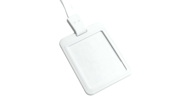 A blank, white, rectangular plastic tag with a short attached strap, shown against a black background.  It's smooth, seemingly lightweight, and designed for identification or labeling