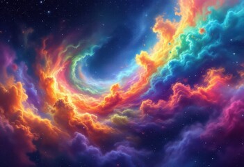 Obraz premium A vibrant display of swirling, colorful clouds against a dark night sky filled with distant stars.