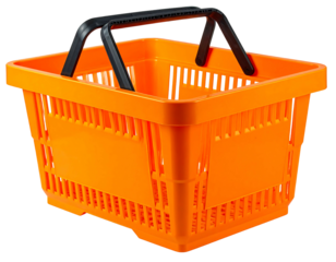 Bright orange plastic shopping basket with two black handles, rectangular shape, and vertical ribbed sides.  A blank label area is visible