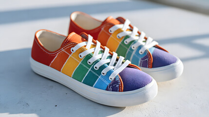 Colorful sneakers with rainbow design sitting on a plain surface. Each shoe presents a vibrant gradient of colors, perfect for any occasion