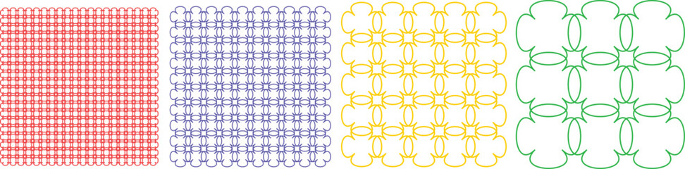 Seamless colorful grid pattern collection with red, purple, yellow, and green designs. Abstract geometric textures for fabric, wallpaper, and digital projects. Modern decorative backgrounds for creati